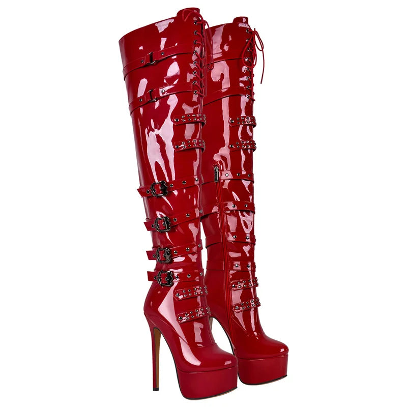 Onlymaker Women Platform Stiletto Red  Over The Knee High Boots Side Zipper Patent Leather Fashion Sexy Winter Female Boots