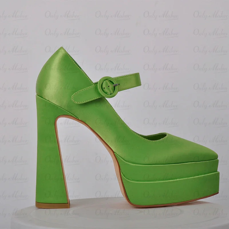 Women Platform Pointed Toe Pumps Chunky High Heels Ankle Strap Dress Party Dress Big Size Green Female Shoes