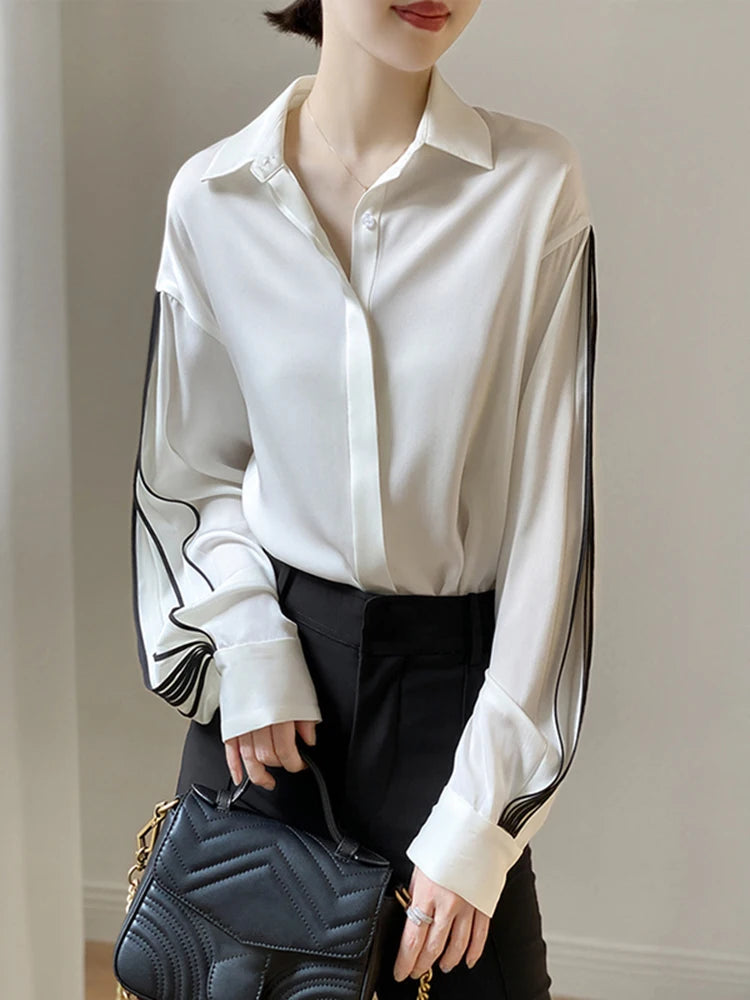 Loose Straight Shirt For Women Lapel Lantern Sleeve Patchwork Colorblock Single Breasted Blouses Female Clothes 2024 Fashion