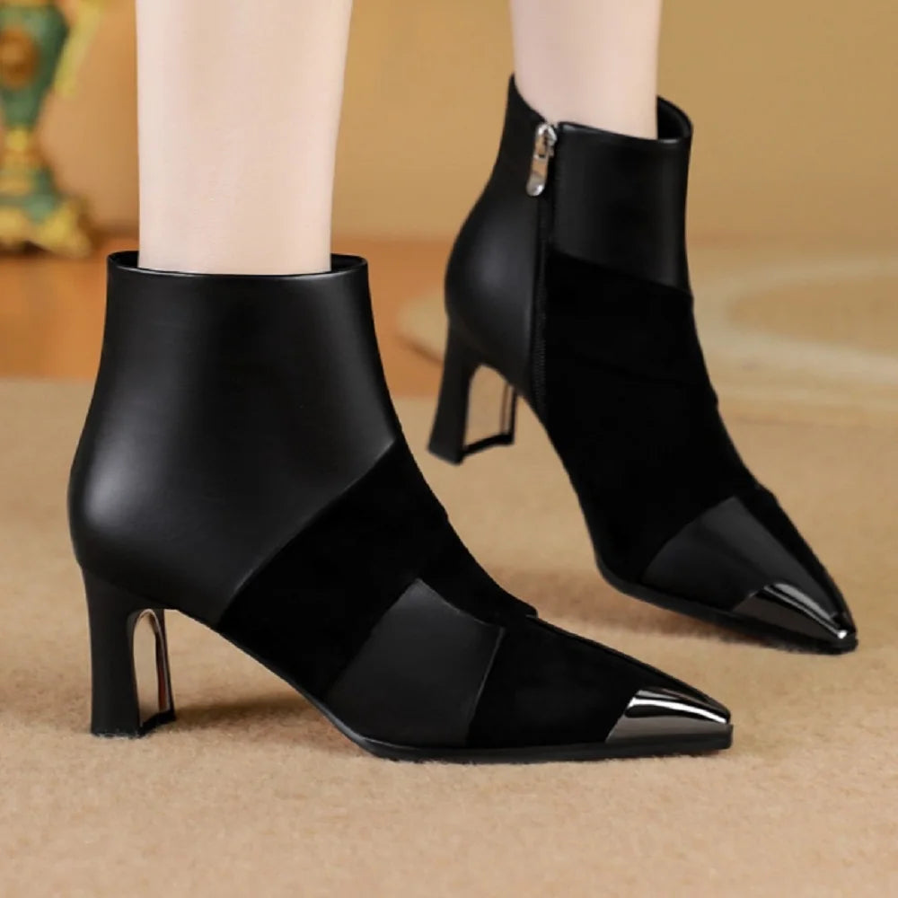 new Handmade cow leather mix color side zip pointed toe short booties high quality soft comfort shoes 34-40