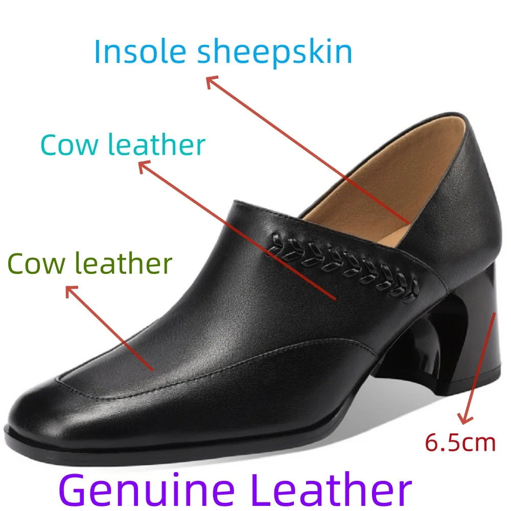 Comfortable Handmade Genuine Leather High Heels Chunky Heel Women's Shoes Versatile Deep Mouth Single Shoes 34-43