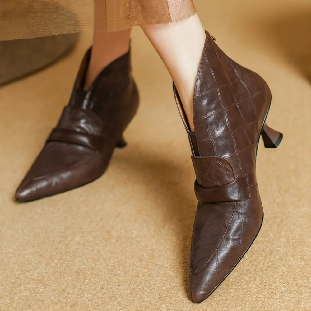 New Women Handmade Boots Mid heel Genuine Leather Shoes Pointed Toe Ankle Boots Chunky Shoes Western Boots 34-40