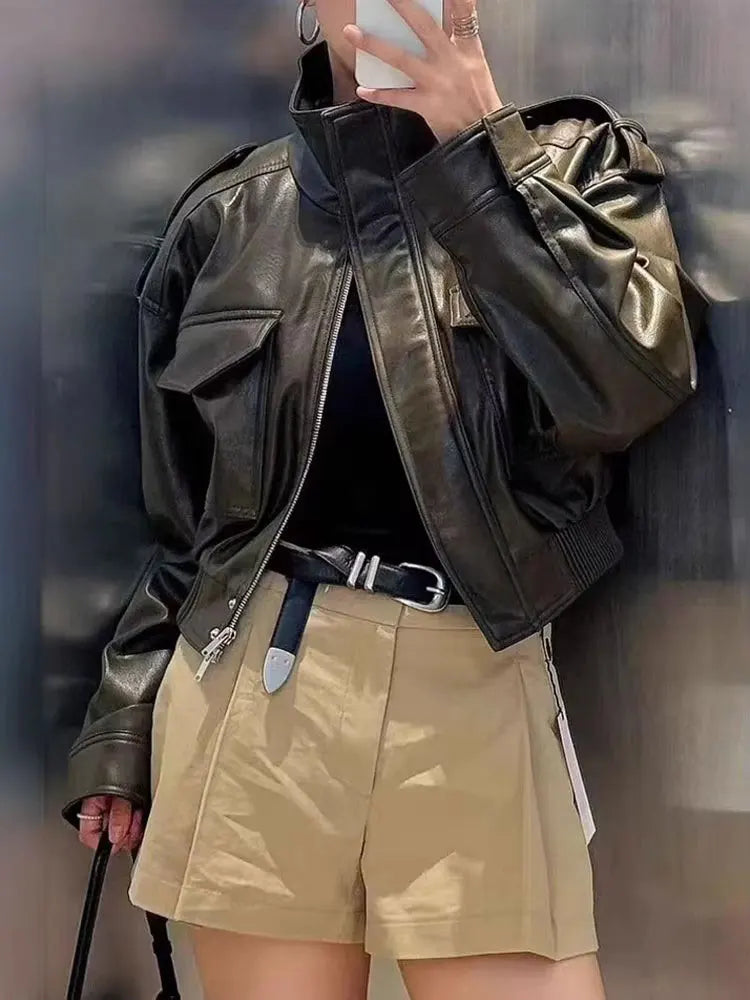 HH Autumn Women Fashion Solid Faux Leather Jacket With Front Pockets Long Sleeve Zipper Coats Vintage Motorcycle Leather Jacket