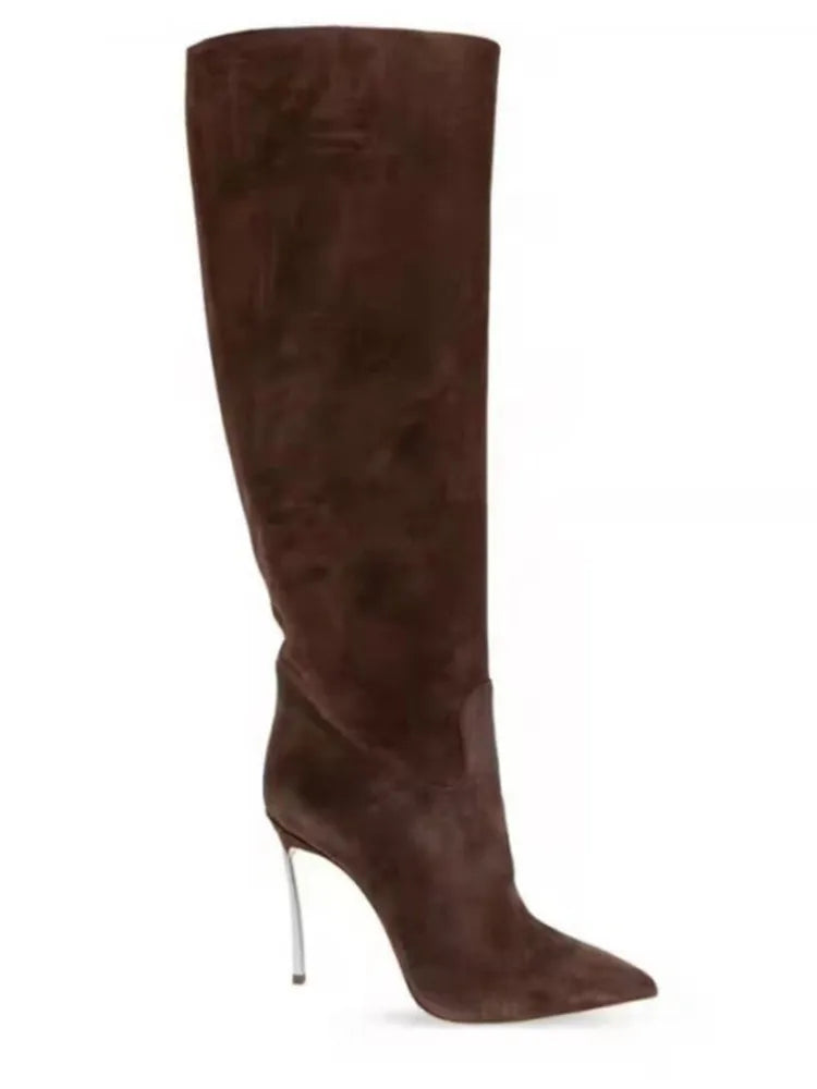 Autumn and Winter Women's New Suede High Heels Knee Length Women's Boots Fashion Pointed 34-46 Large Medium Top Boots