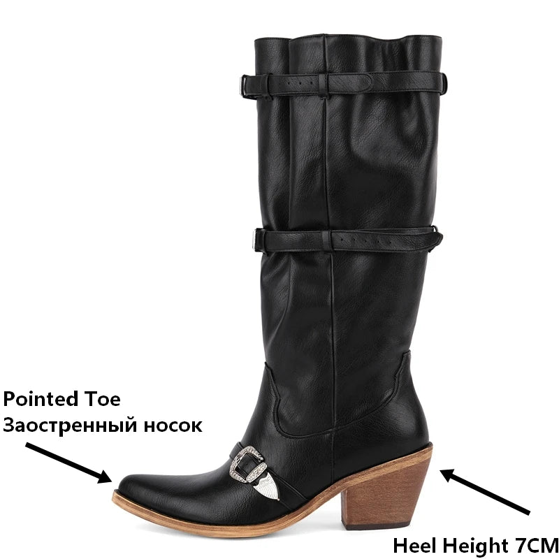 Onlymaker  Pointed Toe Women Western Cowgirl Boots Pull On Belt Buckle Knee High with Chunky Heel  Boots