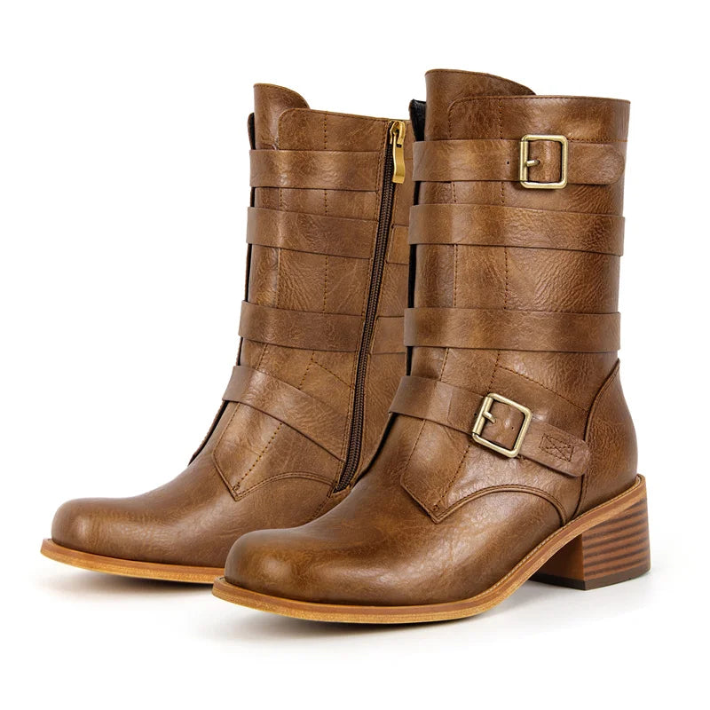 Women Round Toe Mid-Calf Boot Matte Brown Thick Heels Zipper Winter Big Size Buckle Boots