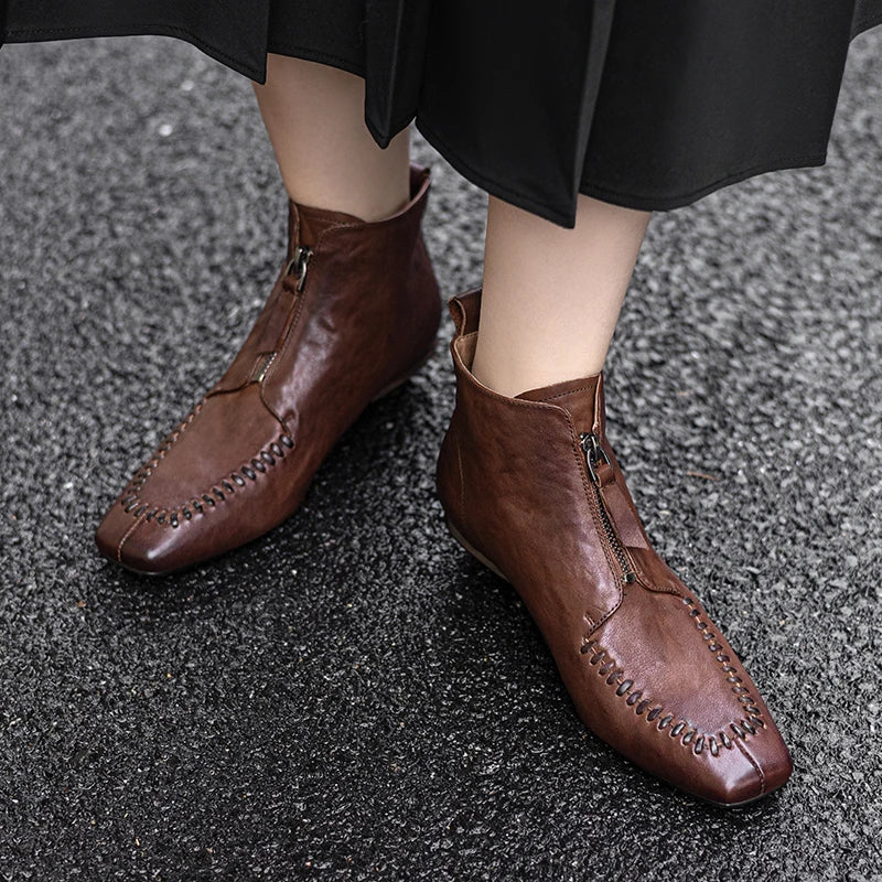 Women Handmade Genuine Leather Mid Heel Modern Soft and comfortable Ankle Boots Daily Shoes Zipper Boots 34-40