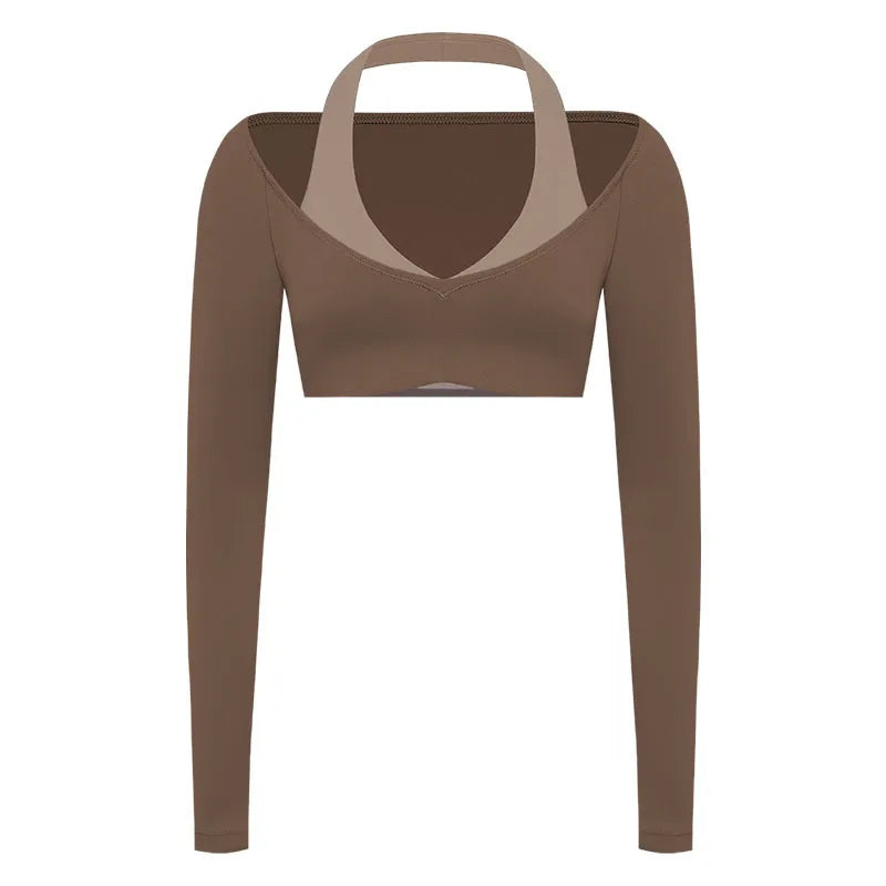 Women's Fake Two-Piece Sports Long Sleeve Halter Neck Pilates Yoga Shirt Slim Fit Fitness Sports Top Leggings Workout Tights