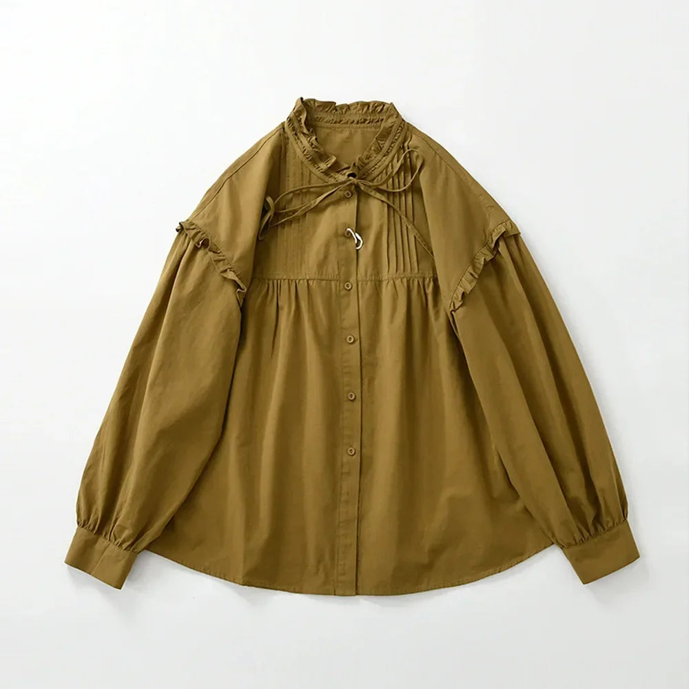 100% Cotton Vintage Elegant Chic Long Puff Sleeve Ruffled Collar Loose Blouse 2025 Fall Spring Sweet Victorian Edwardian Shirt