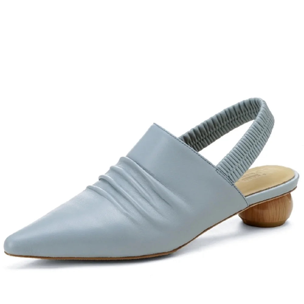 New Women Handmade Genuine Leather Wedges Shoes Female Slippers Pointed Toe Ladies Heeled Slides Slippers Sandals