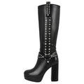 Onlymaker Women Round Toe Platform Knee High Boots Chunky Heel Side Zipper Metal Rivet Decoration Buckle Motorcycle Boots