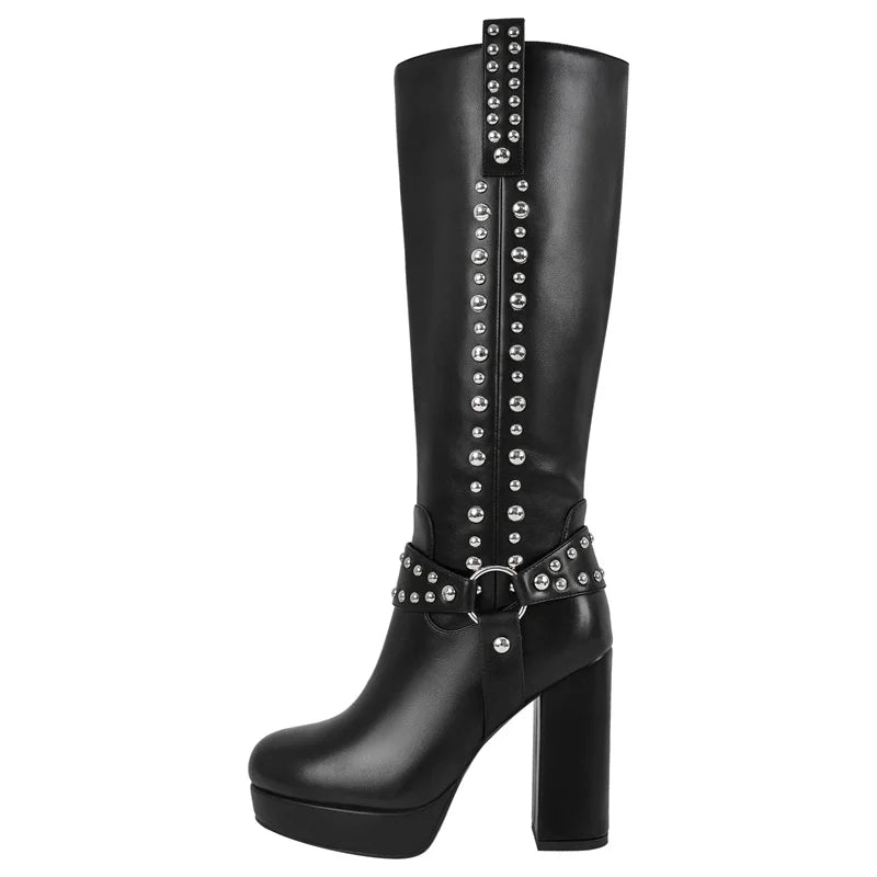 Onlymaker Women Round Toe Platform Knee High Boots Chunky Heel Side Zipper Metal Rivet Decoration Buckle Motorcycle Boots
