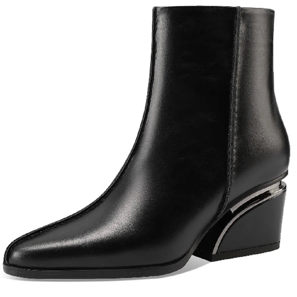 Newest High Heels Women Short Boots Elegant Square Toe Office Lady Shoes Genuine Leather Side Zipper Shoes 33-43