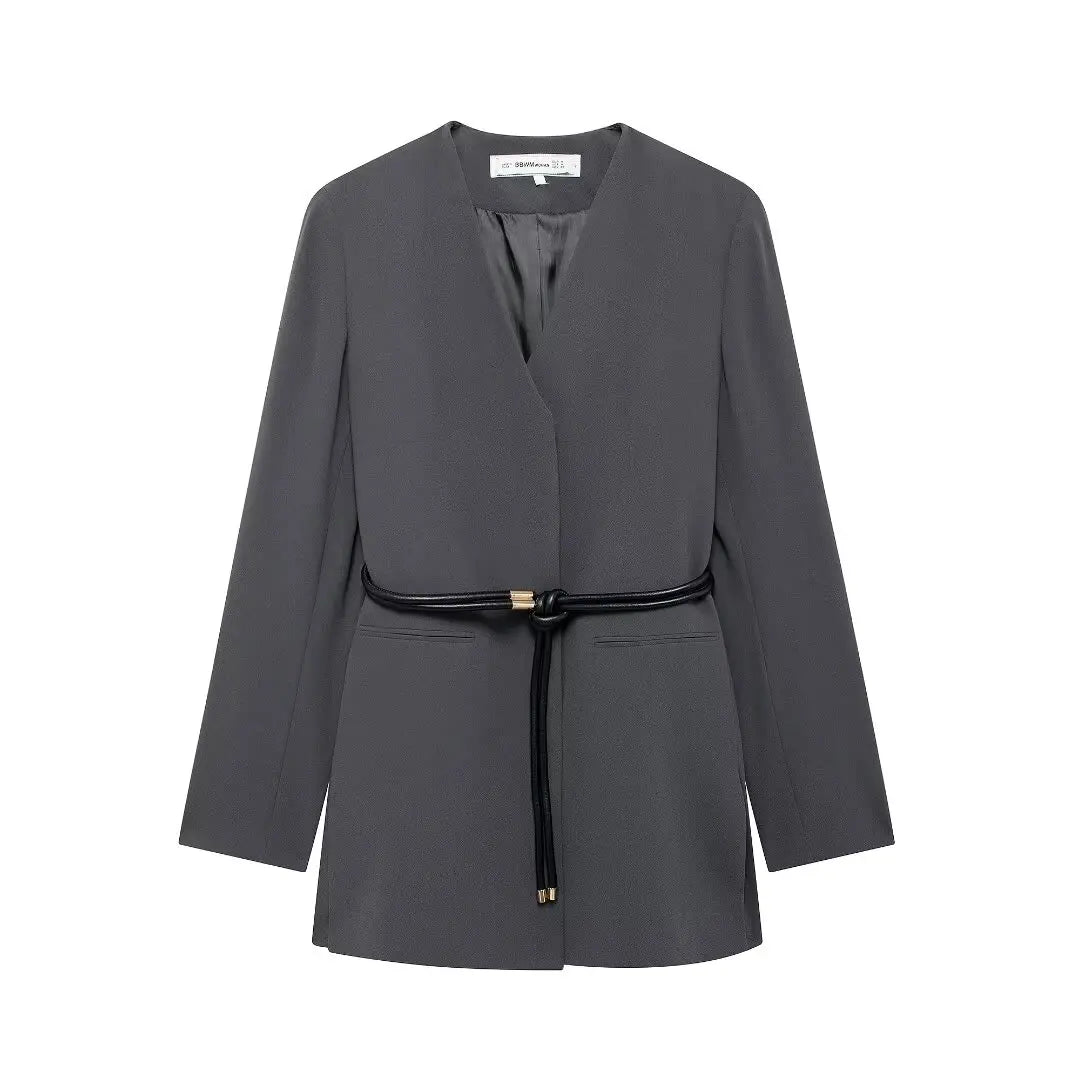 EDSA Women Belt Blazer Long Sleeves with Shoulder Pads V-Neck Jacket Long Sleeves for Office Lady Coat Outerwear