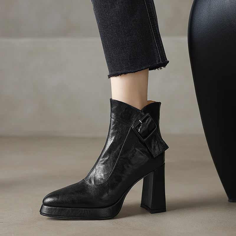 Women Handmade Brand Genuine Leather Ankle Boots Chunky Block High Heels Buckle Pointed Toe Shoes