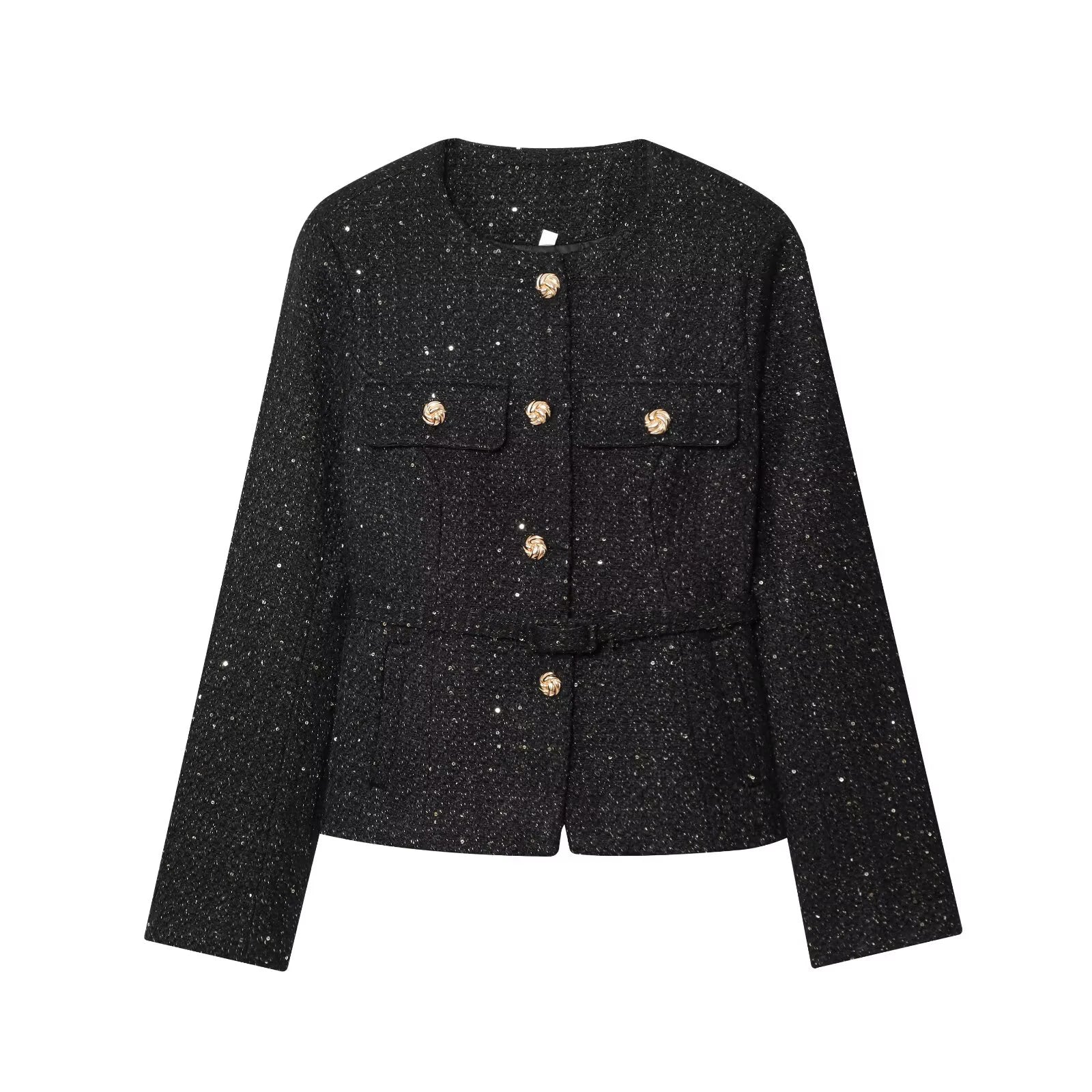 Korean commuter textured jacket for women with autumn and winter sequins and gold buttons side pockets round neck jacket