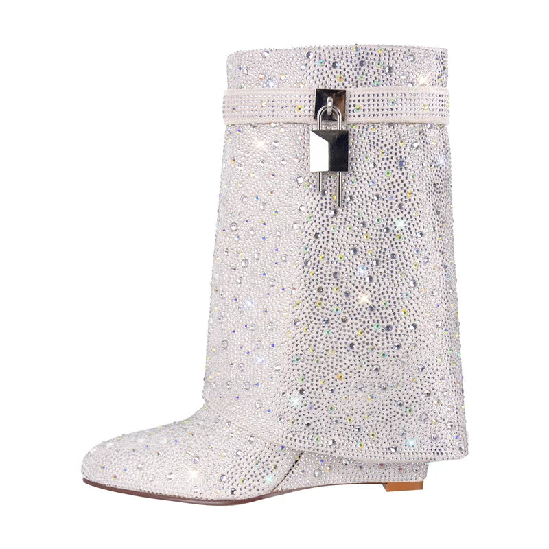 Onlymaker Women Rhinestone Fold Over Lock Shark Skirt Boots Pointed Toe Heel Thick High Heel Female Booties