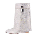 Onlymaker Women Rhinestone Fold Over Lock Shark Skirt Boots Pointed Toe Heel Thick High Heel Female Booties