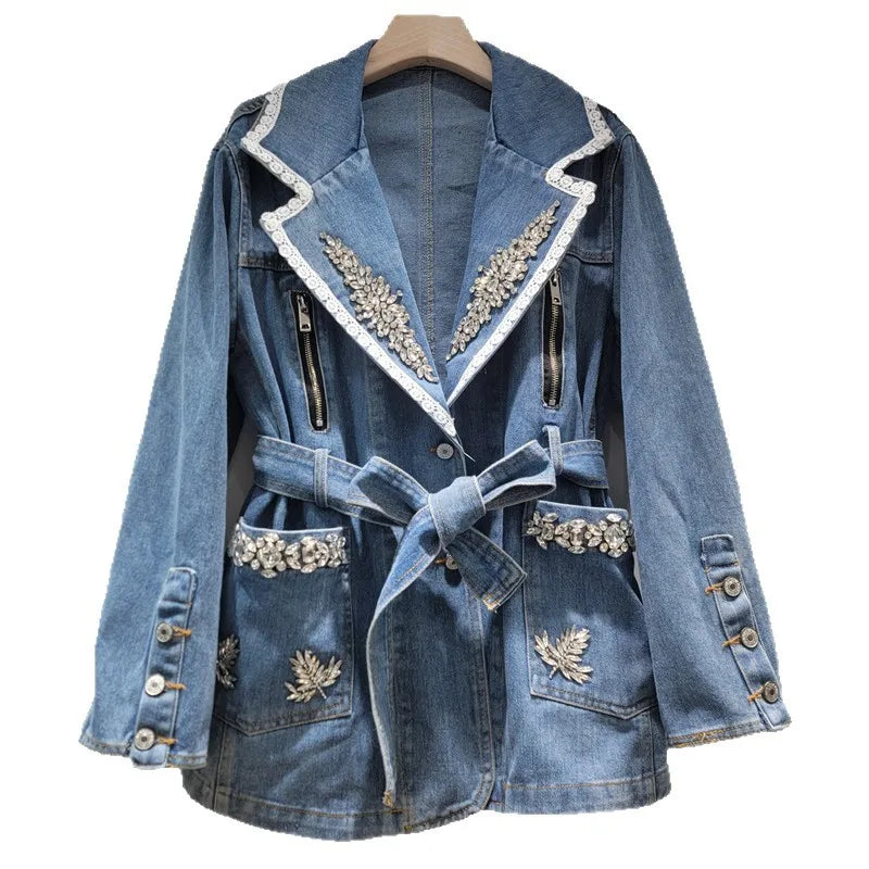 2026  Jeans Jacket Fashion Style Rhinestone Zipper Denim Jacket For Women Turn-down Collar With Belt Waist Versatile Coat Female 11A08647
