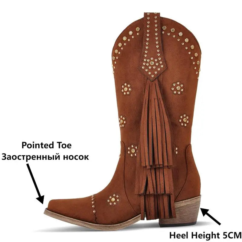 Onlymaker Women Pointed Toe Fringe Pull On Retro Western Cowgirl Boots Fringed Chunky Heel Cowboy Boots