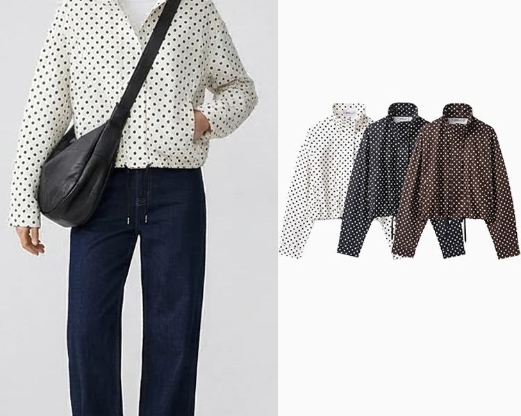 Women's Dot Jackets Fashion Lace Up Front Zipper Casual High Neck Long Sleeves Female Elegant Chic Lady Outfits