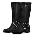 Onlymaker Women Buckle Gothic Black Knee High Boots Heeled Metal Fashion Matte  Motorcycle Boots