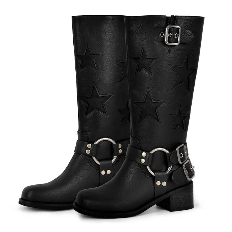Onlymaker Women Buckle Gothic Black Knee High Boots Heeled Metal Fashion Matte  Motorcycle Boots