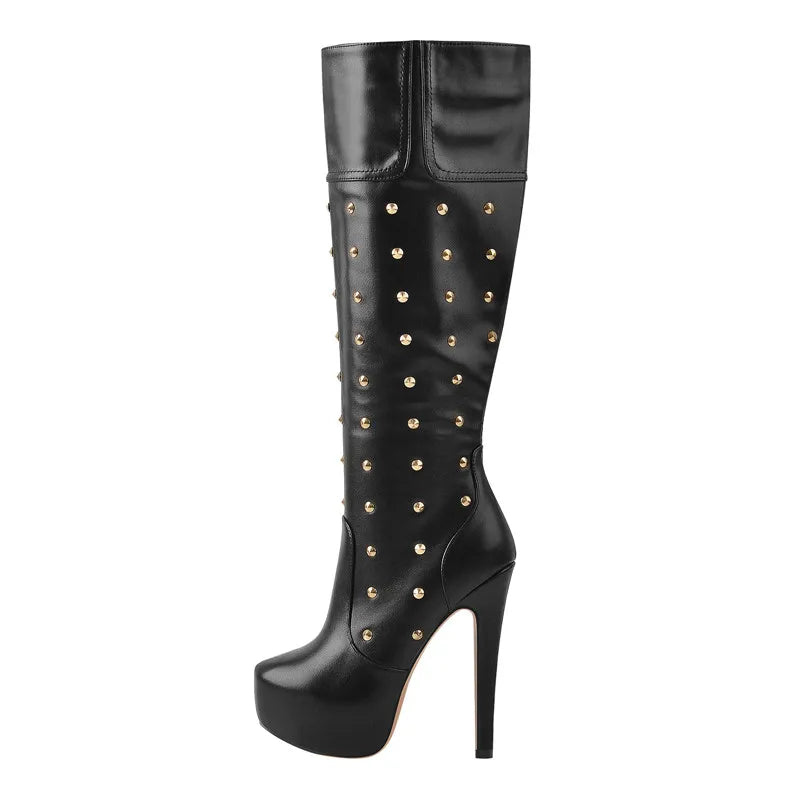 Onlymaker Women Platform Boots  Round Toe Stiletto Zipper Knee High High Heel Rivet Handmade Fashion Boots