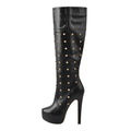 Onlymaker Women Platform Boots  Round Toe Stiletto Zipper Knee High High Heel Rivet Handmade Fashion Boots