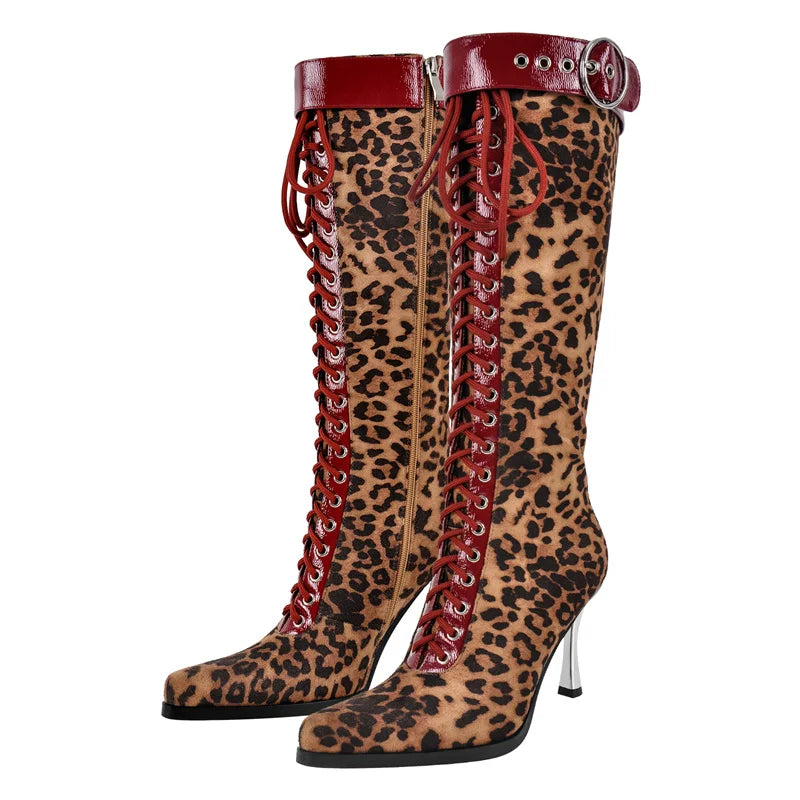 Women Pointed Toe Leopard Buckle Detail Knee High Boots  Stiletto Sexy  Kitten Heels Side Zipper Winter Boots