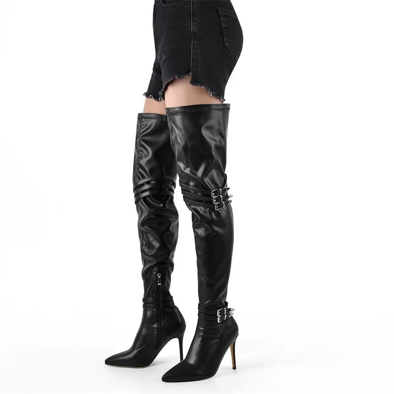 Onlymaker Women Pointed Toe White Over the Knee Stretch Boots Big Size Thin High Heel Woman Stiletto Thigh Boots