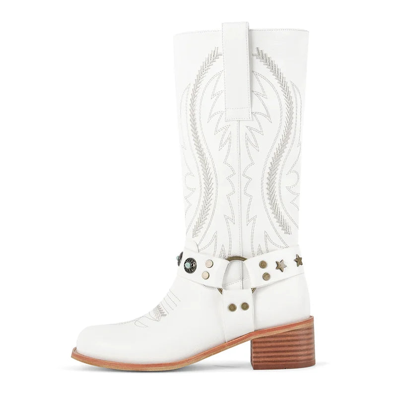 Onlymaker Women Round Toe Floral Western Embroidery Cowgirl Boots Pull On Knee High with Chunky Heel Embroidered Boots