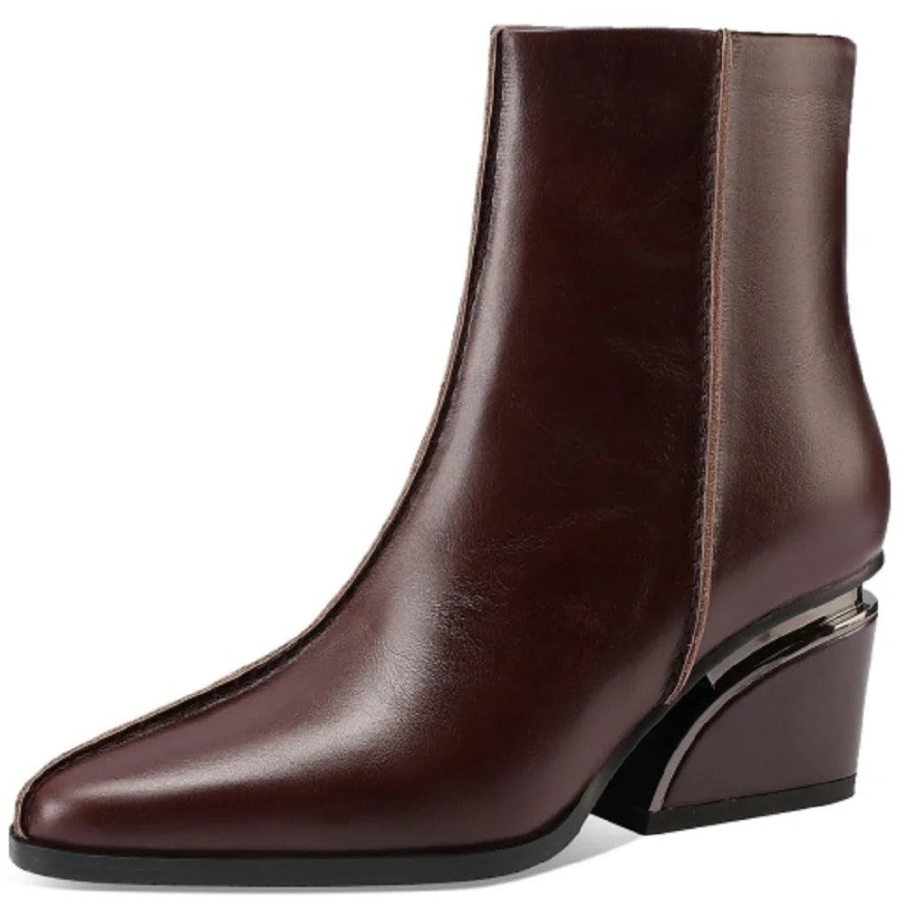 Newest High Heels Women Short Boots Elegant Square Toe Office Lady Shoes Genuine Leather Side Zipper Shoes 33-43