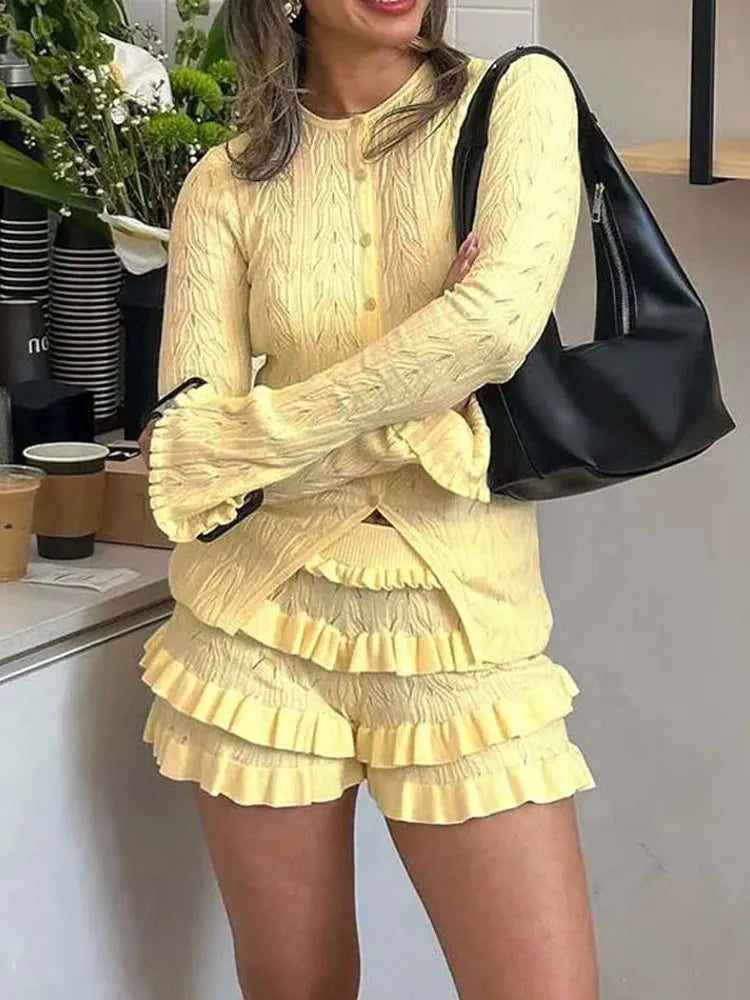 Summer Knit Ruffled 2 Piece-Set Shorts Female Patchwork Slim Casual Long Sleeve Sweater Cardigan And Women's Shorts Sets