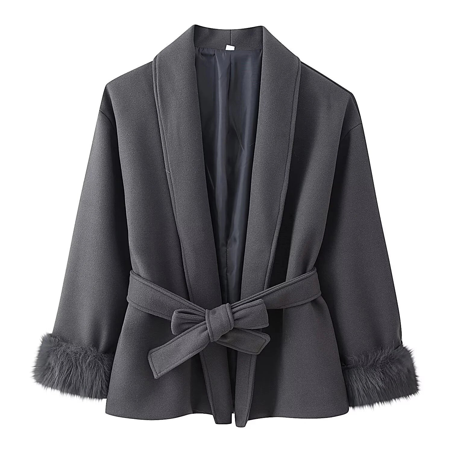 American style spicy girl loose fit slimming strap hairy sleeve woolen coat sweet cool casual versatile solid color top