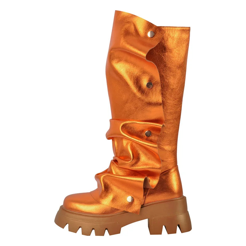 Onlymaker Women Platform Red Fold Over Boots Block Heel Round Toe Western Pull on Fashion Mid-Calf Female Boots