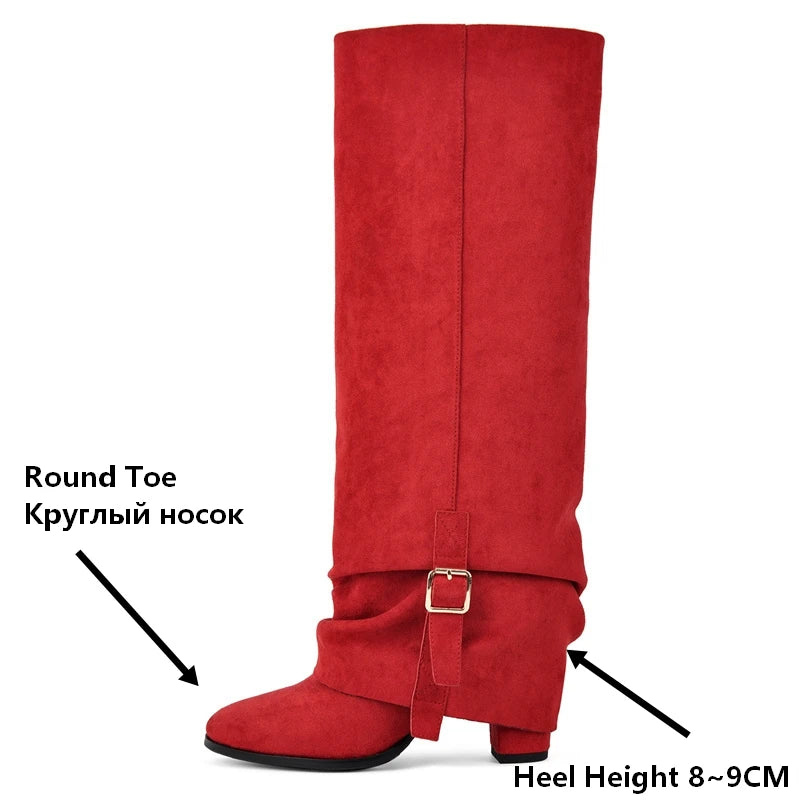 Onlymaker Women Round Toe Red Faux Suede Buckle Fold Over Knee High Boots Retro Chunky Heel Pull On Knee High Boots