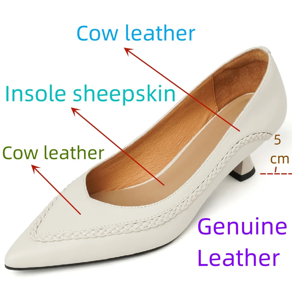 New Women Handmade Genuine Leather Pointed Toe Mid Heel Soft and comfortable Shallow Slip-on Ladies Shoes 34-40