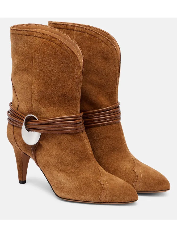 New Round Toe Slim Fit High Heels Knee High Women's Boots Autumn and Winter Fashion Mid Length Boots Women's Short Boots