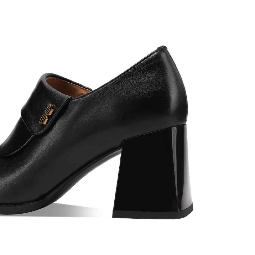 New Spring/autumn Genuine Leather Round Toe Shoes for Women Loafers High Heels Handmade Pumps 33-43