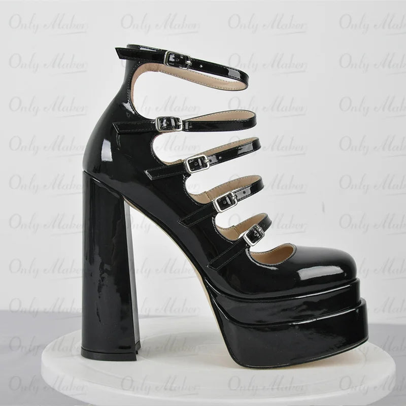 Women Buckle Strap Platform Pumps Black Patent Leather Cross-tied Square Toe Fashion Party Thick High Summer Heels