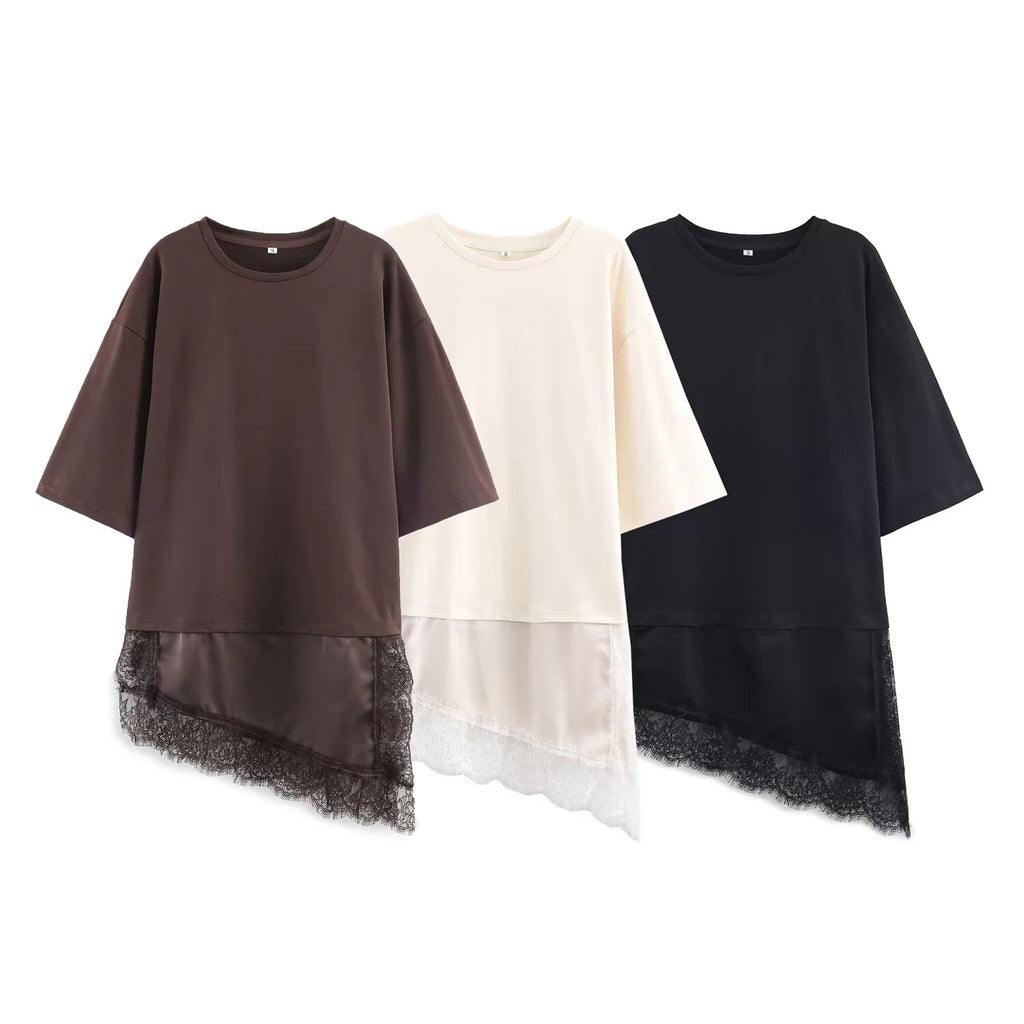 2025 Winter New Women's Cotton Spinning Round Neck Short Sleeve Asymmetric Hemp Splicing Lace Decoration T-shirt