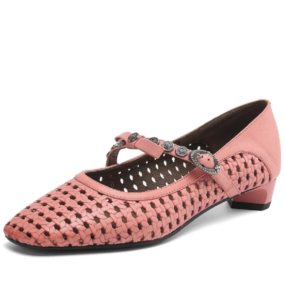 Handmade Genuine Leather Sandal Women Covered Toe Low Heel Butterfly Knot Party Dating Sandals Office Ladie 34-40