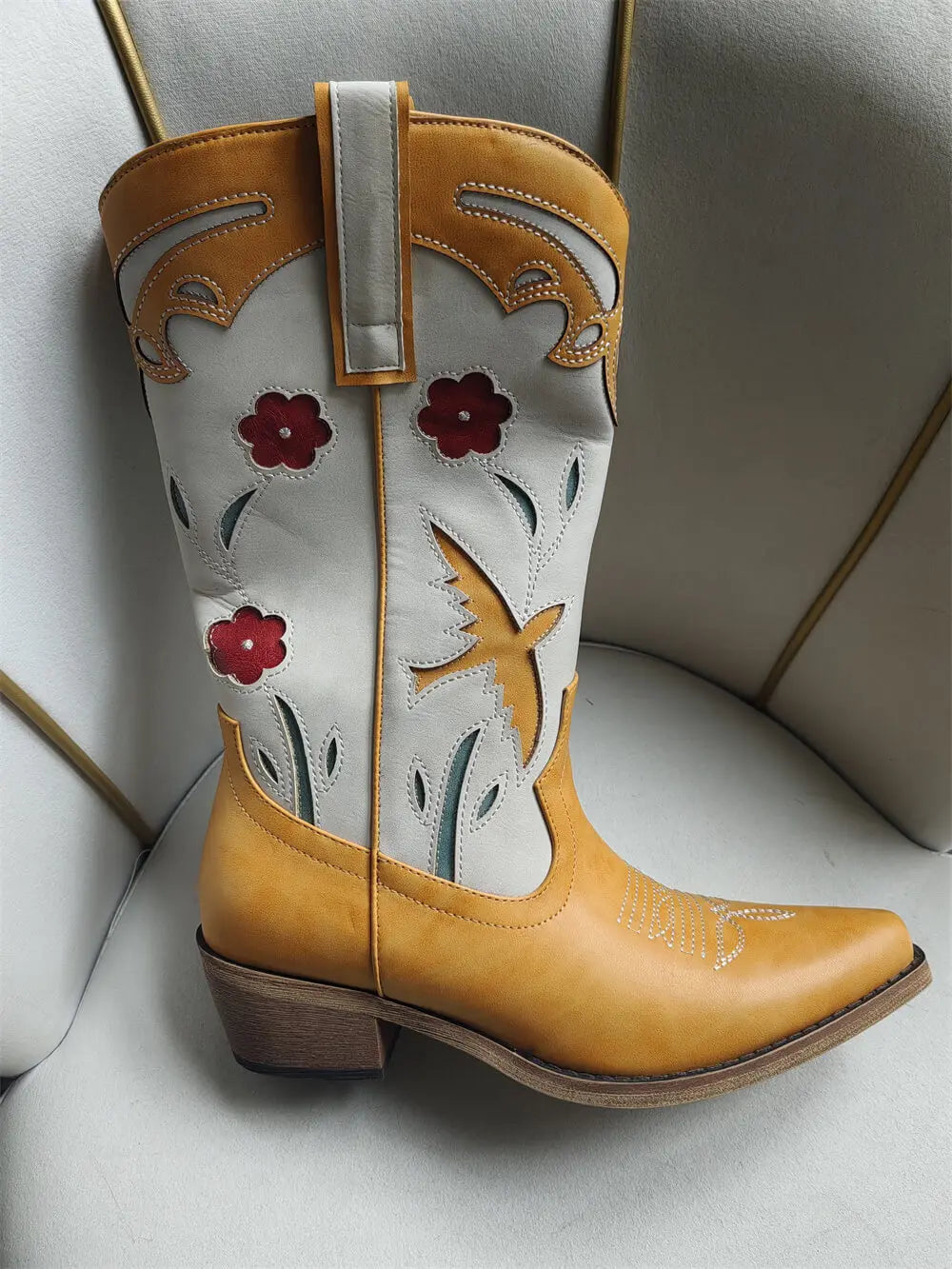 Onlymaker Women Pointed Toe Flower Pull-on Knee High Cowgirl Boots Comfy  Wide Calf Chunky Heel Retro Classic Western Boots