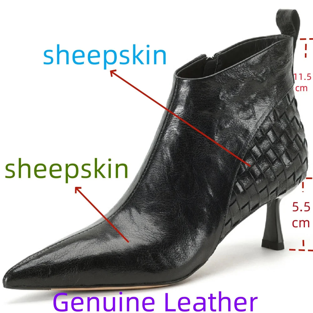 Women's Handmade genuine leather thin high heel pointed toe zip short booties British Style ankle boots