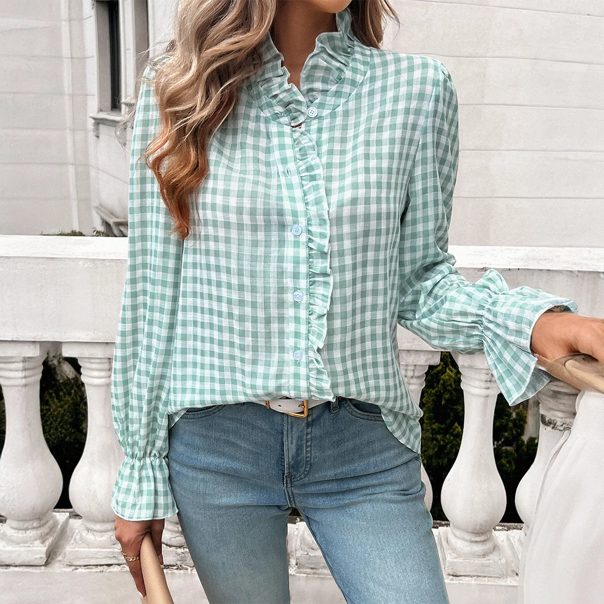 2026 Autumn Elegant Ruffles Trim Shirts Spring Women Long Sleeve Loose Tops Gingham Casual Ruffled Cuffs Shirts Camisas Mujer