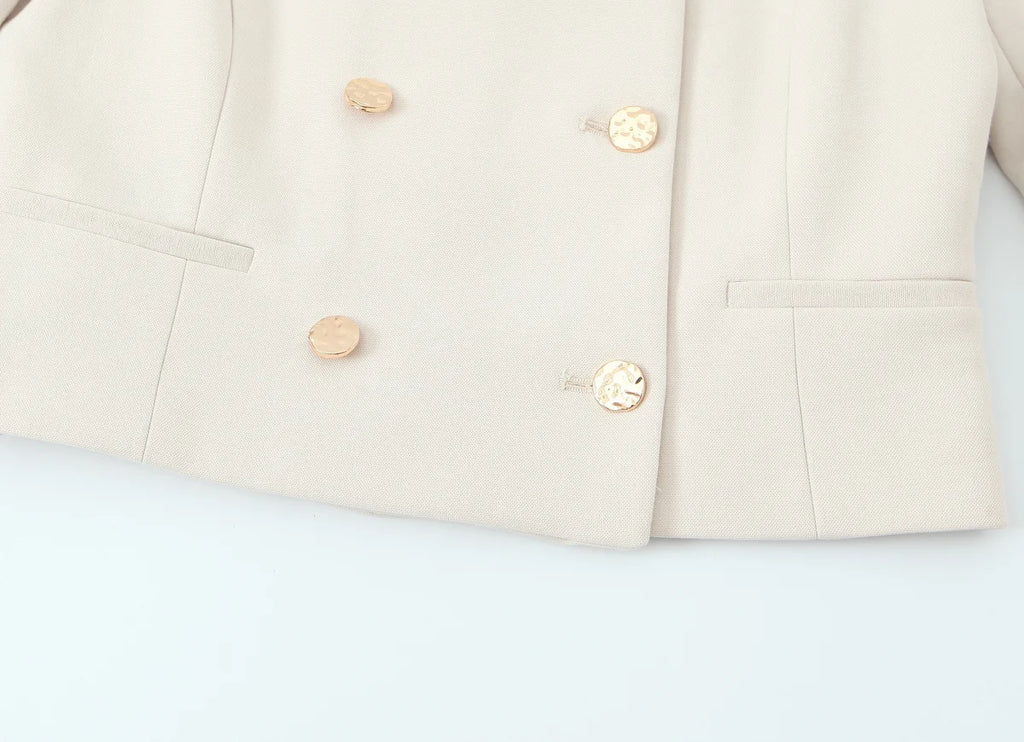 Women Cropped Double Breasted Blazer Jacket O-neck Long Sleeves for Office Lady Outerwear Coat