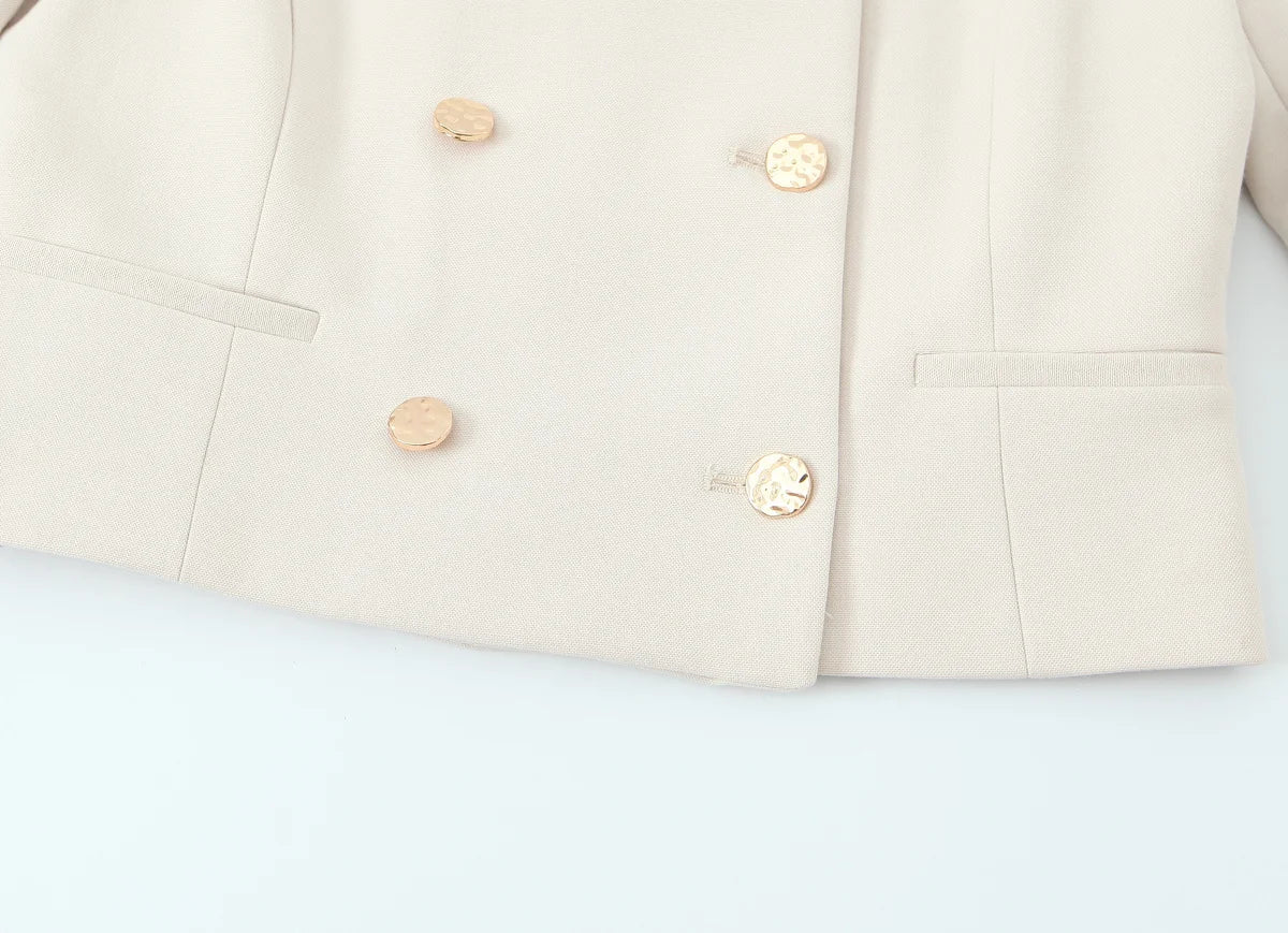 Women Cropped Double Breasted Blazer Jacket O-neck Long Sleeves for Office Lady Outerwear Coat