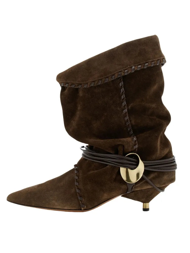 Women's Autumn and Winter New 5cm Slim Heel Fringed Calf Boots with Pointed Pleats, Women's Knight Boots, Mid Leg Boots