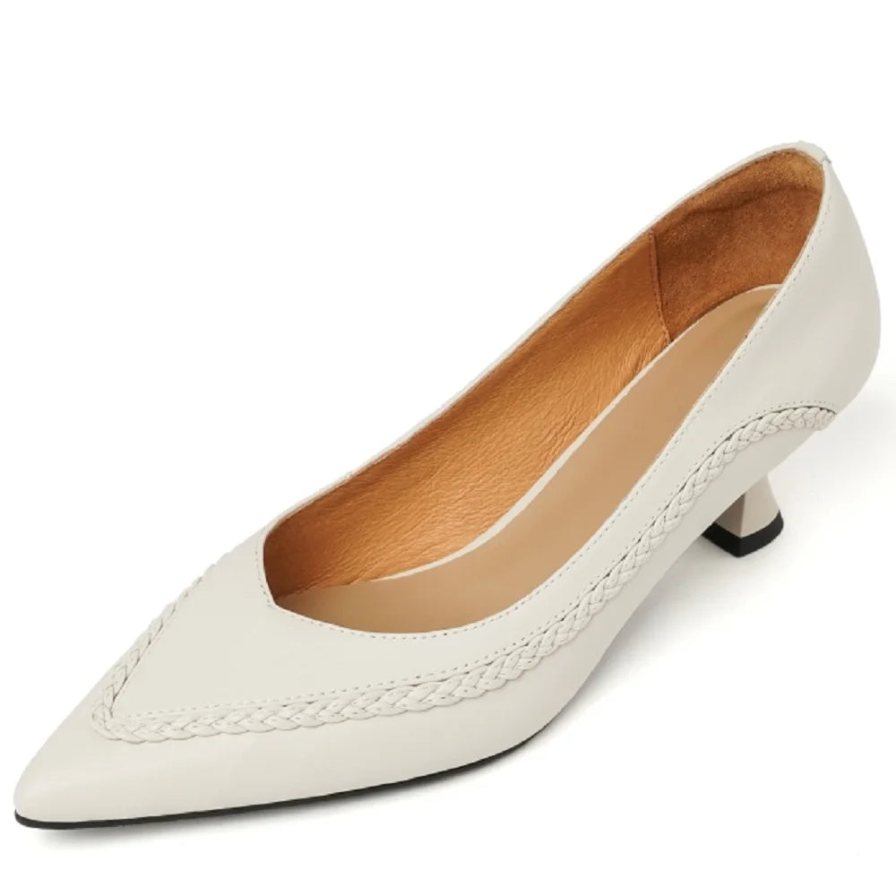 New Women Handmade Genuine Leather Pointed Toe Mid Heel Soft and comfortable Shallow Slip-on Ladies Shoes 34-40